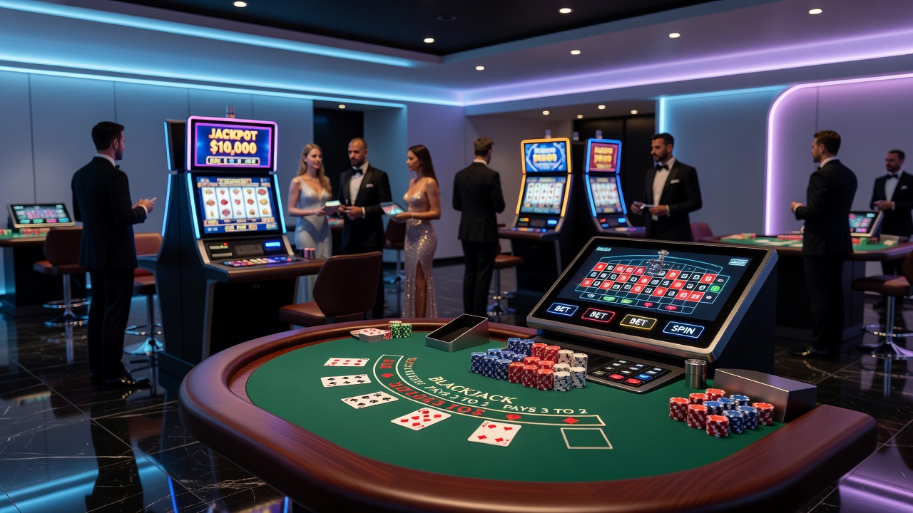 Close-up of digital casino interface displaying slot reels and game controls on a screen